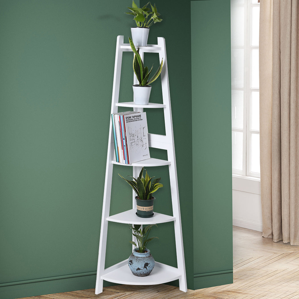Levede 5 Tier Corner Shelf Wooden Storage White-1864183221135216647