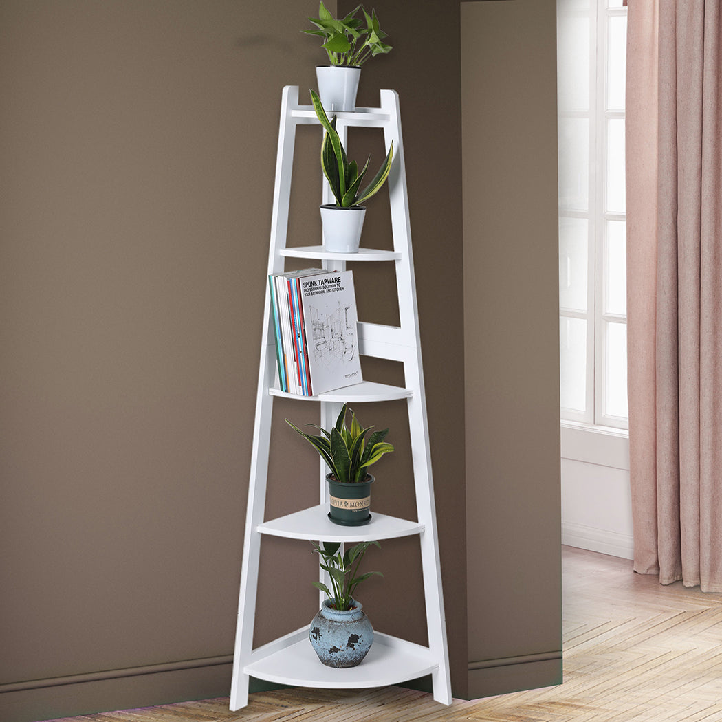 Levede 5 Tier Corner Shelf Wooden Storage White-1864183221135216646