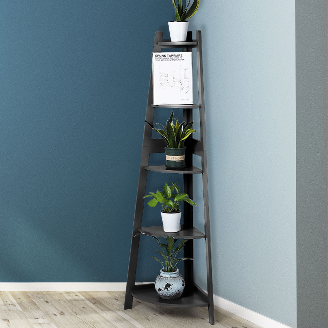 Levede 5 Tier Corner Shelf Wooden Storage Black-1864183220980027398