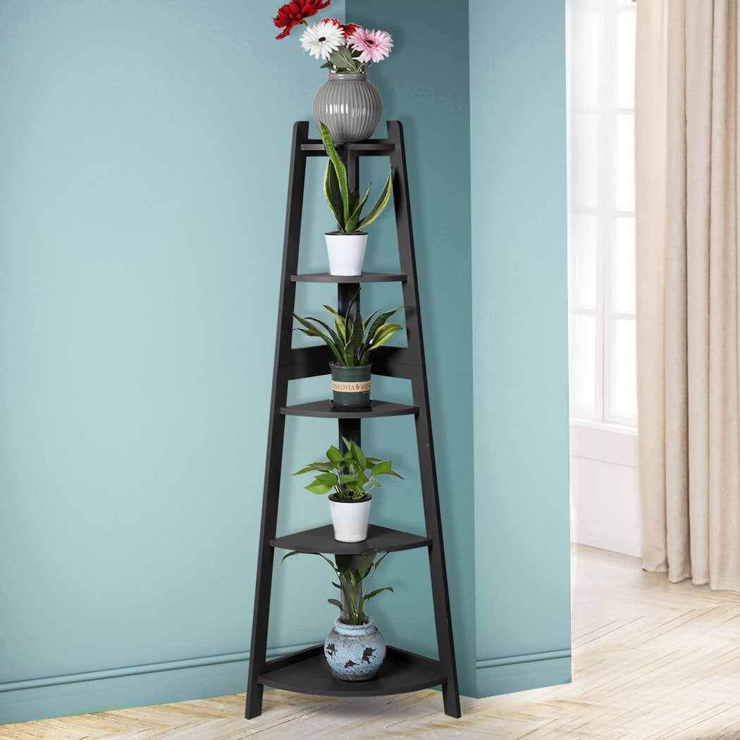 Levede 5 Tier Corner Shelf Wooden Storage Black-1864183220980027399